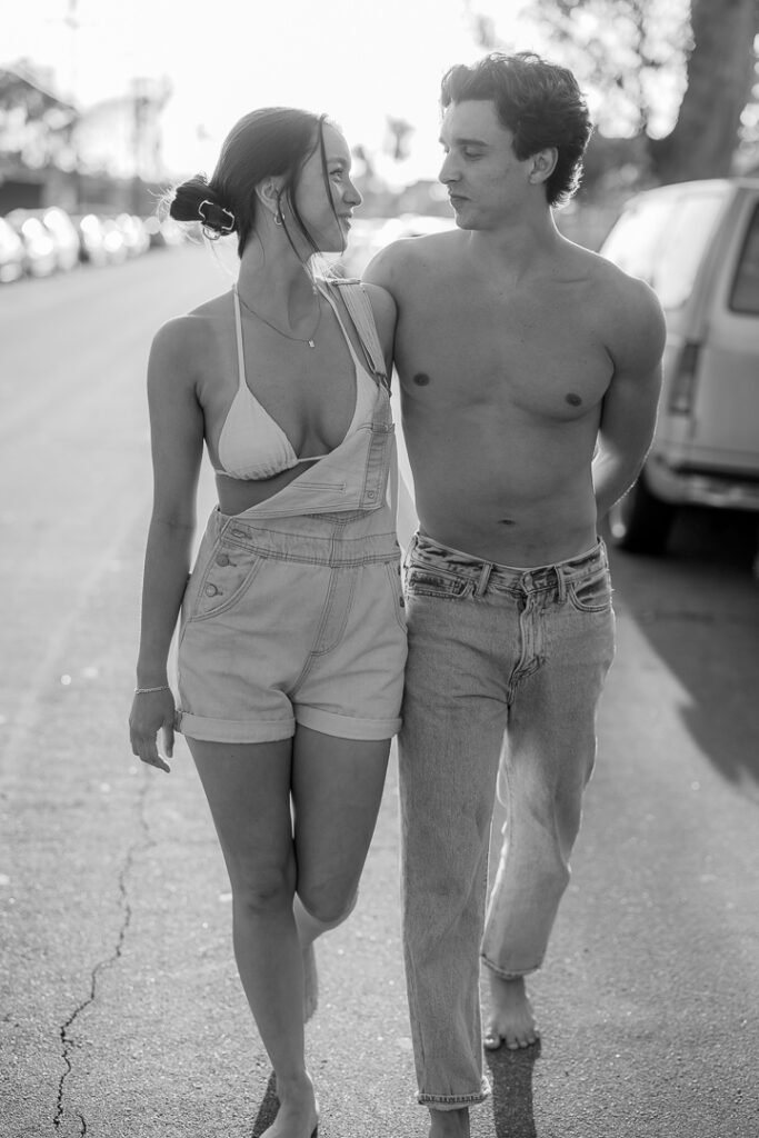 Casual beach-inspired couples portrait session on the streets of Isla Vista California with two students from UCSB
