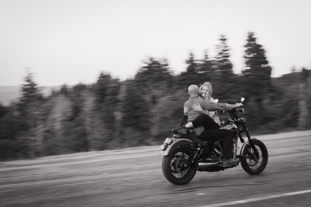 Motorcycle-themed engagement shoot with Poppy & Hive Photography. Engagement session on Old Snowbasin Road near Snowbasin Resort in Utah.