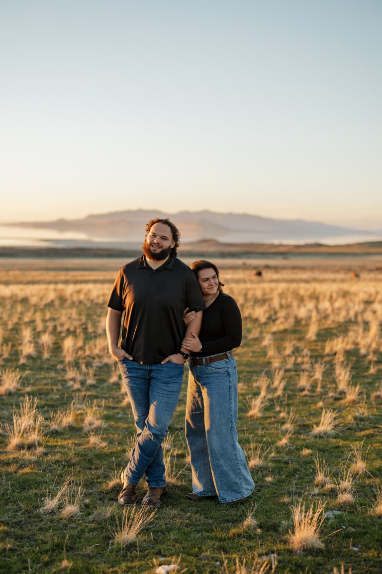 Weston and Lauren explore Antelope Island and the Great Salt Lake for their engagement session with Poppy & Hive Photography